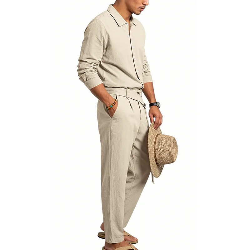Spring Autumn Linen Men's Casual Set Amazon Loose Lapel Long Sleeve Shirt & Long Pants 2 Piece Set Wholesale