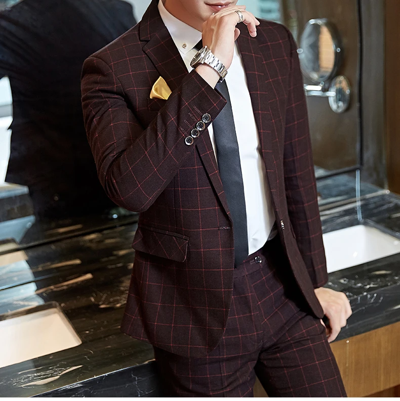 Men's Casual One-Button Plaid Suit Two-Piece Set Business No-Ironing Best Man M-5XL 2025 Fashion Comfortable Fit