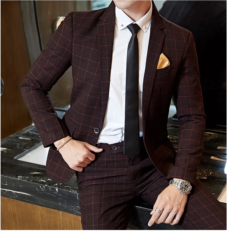 Men's Casual One-Button Plaid Suit Two-Piece Set Business No-Ironing Best Man M-5XL 2025 Fashion Comfortable Fit