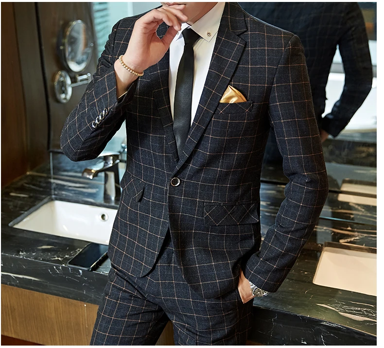 Men's Casual One-Button Plaid Suit Two-Piece Set Business No-Ironing Best Man M-5XL 2025 Fashion Comfortable Fit