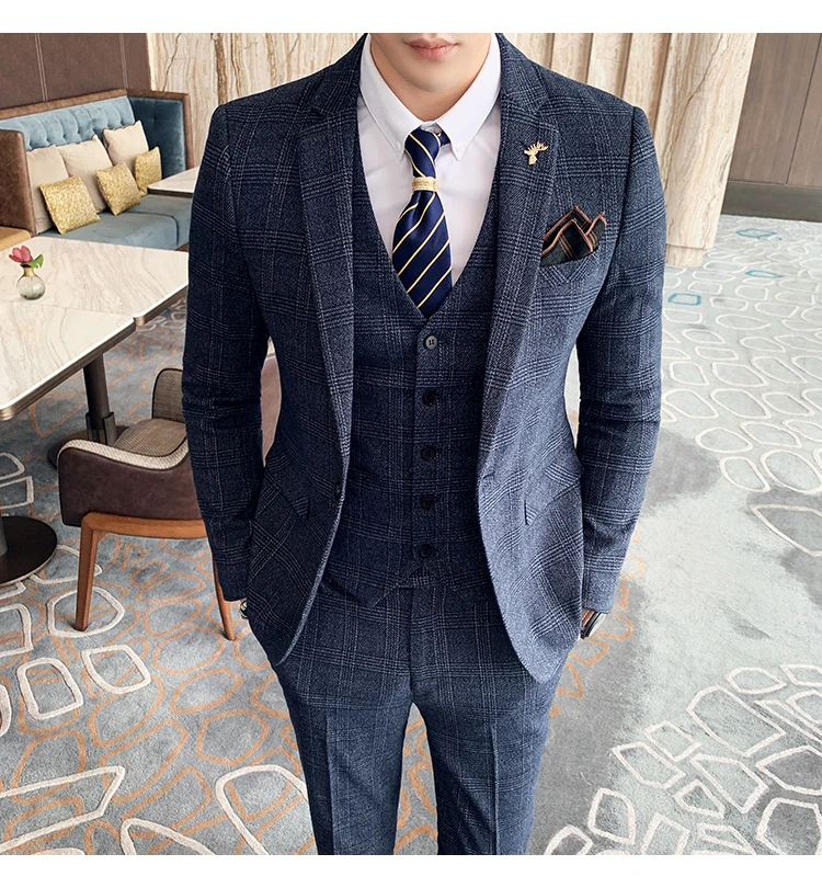 Men's High-quality Plus Size 5XL-M 3-piece Suit (suit+vest+pants) Business Fashion Plaid Suit Groom's Wedding Banquet Set