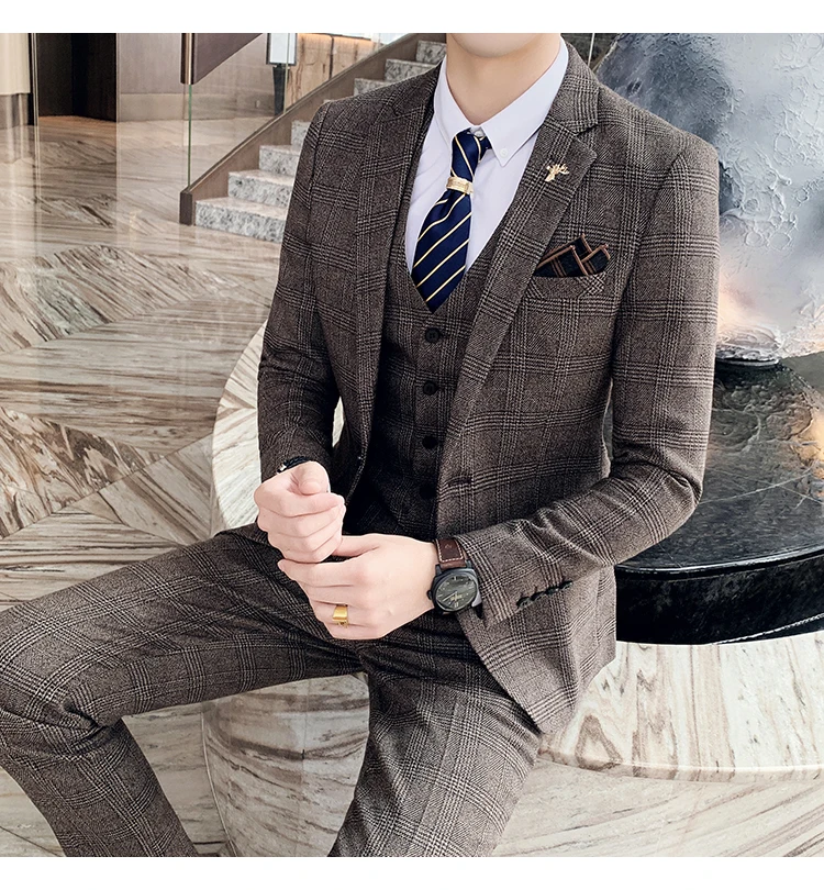 Men's High-quality Plus Size 5XL-M 3-piece Suit (suit+vest+pants) Business Fashion Plaid Suit Groom's Wedding Banquet Set