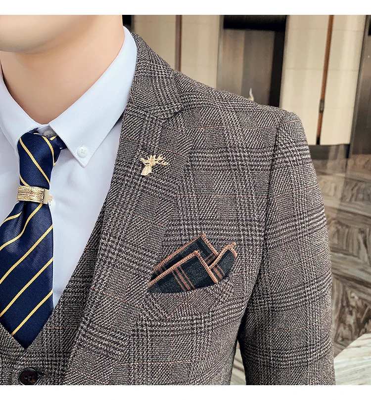 Men's High-quality Plus Size 5XL-M 3-piece Suit (suit+vest+pants) Business Fashion Plaid Suit Groom's Wedding Banquet Set