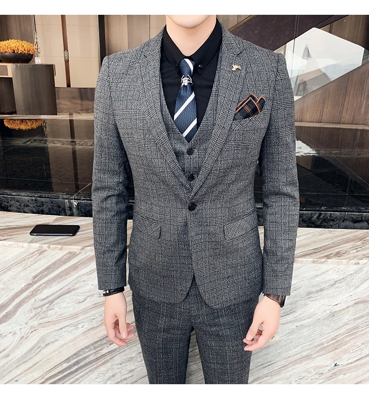 Men's High-quality Plus Size 5XL-M 3-piece Suit (suit+vest+pants) Business Fashion Plaid Suit Groom's Wedding Banquet Set