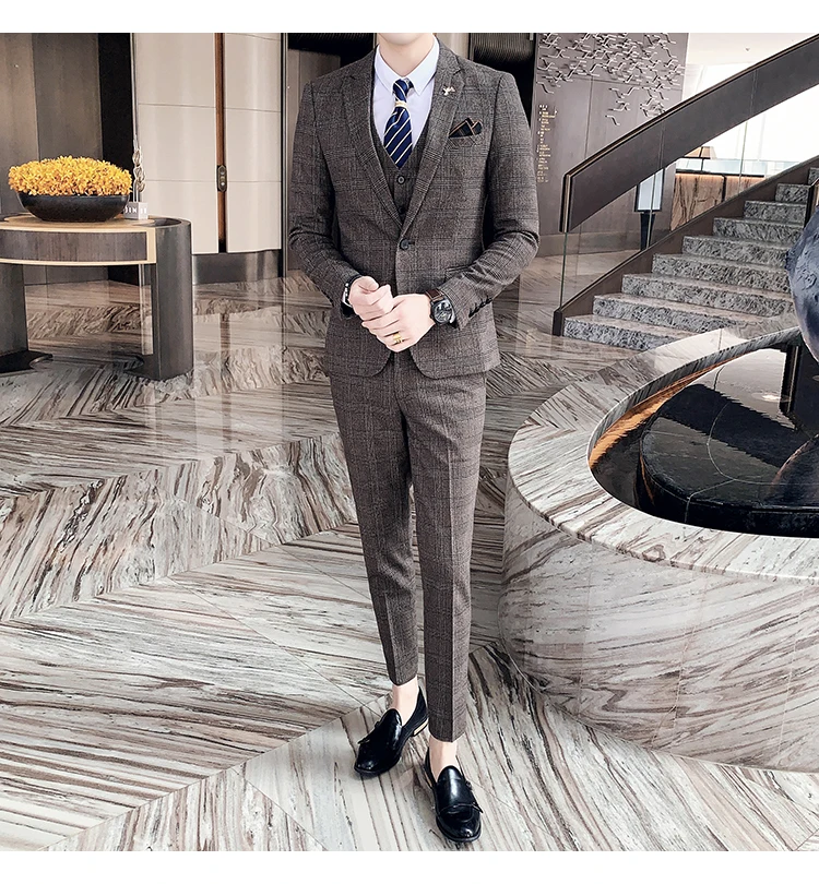 Men's High-quality Plus Size 5XL-M 3-piece Suit (suit+vest+pants) Business Fashion Plaid Suit Groom's Wedding Banquet Set