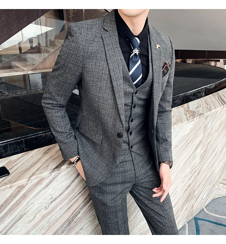Men's High-quality Plus Size 5XL-M 3-piece Suit (suit+vest+pants) Business Fashion Plaid Suit Groom's Wedding Banquet Set