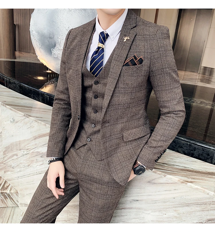 Men's High-quality Plus Size 5XL-M 3-piece Suit (suit+vest+pants) Business Fashion Plaid Suit Groom's Wedding Banquet Set