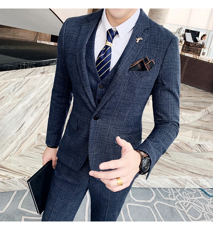 Men's High-quality Plus Size 5XL-M 3-piece Suit (suit+vest+pants) Business Fashion Plaid Suit Groom's Wedding Banquet Set