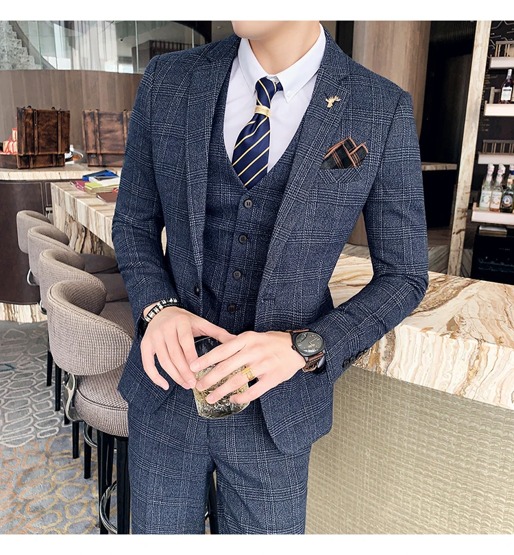 Men's High-quality Plus Size 5XL-M 3-piece Suit (suit+vest+pants) Business Fashion Plaid Suit Groom's Wedding Banquet Set