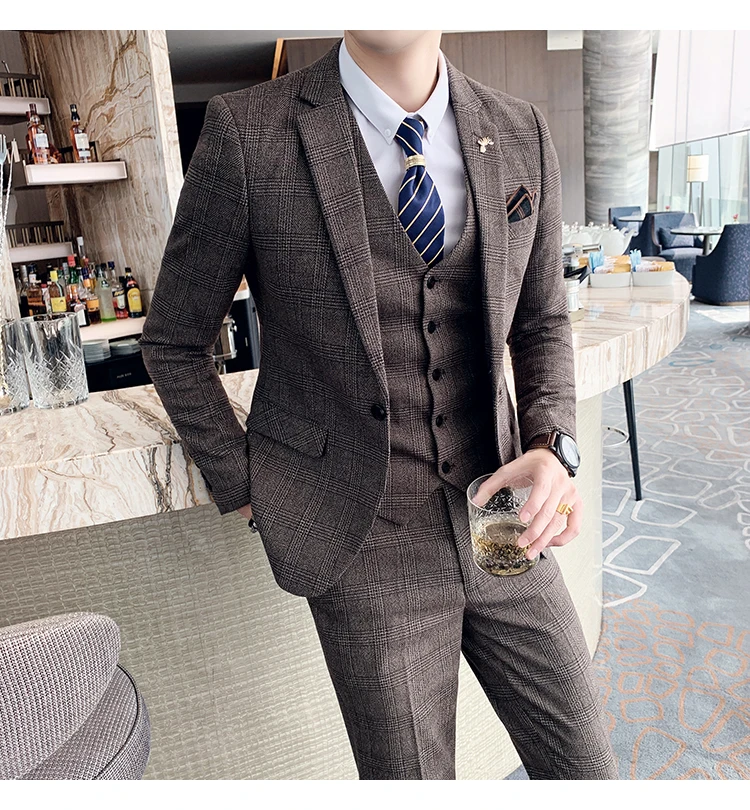 Men's High-quality Plus Size 5XL-M 3-piece Suit (suit+vest+pants) Business Fashion Plaid Suit Groom's Wedding Banquet Set