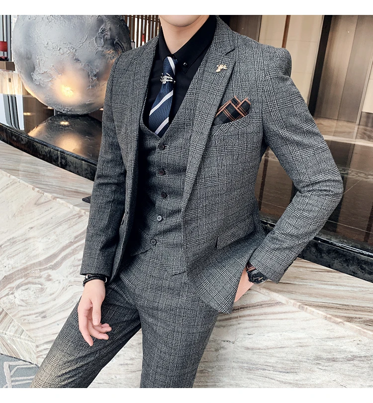 Men's High-quality Plus Size 5XL-M 3-piece Suit (suit+vest+pants) Business Fashion Plaid Suit Groom's Wedding Banquet Set