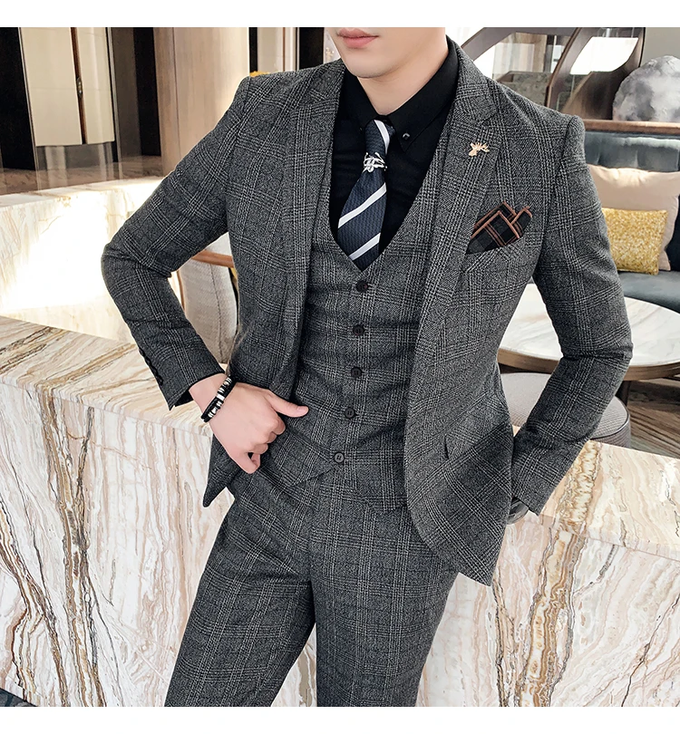 Men's High-quality Plus Size 5XL-M 3-piece Suit (suit+vest+pants) Business Fashion Plaid Suit Groom's Wedding Banquet Set