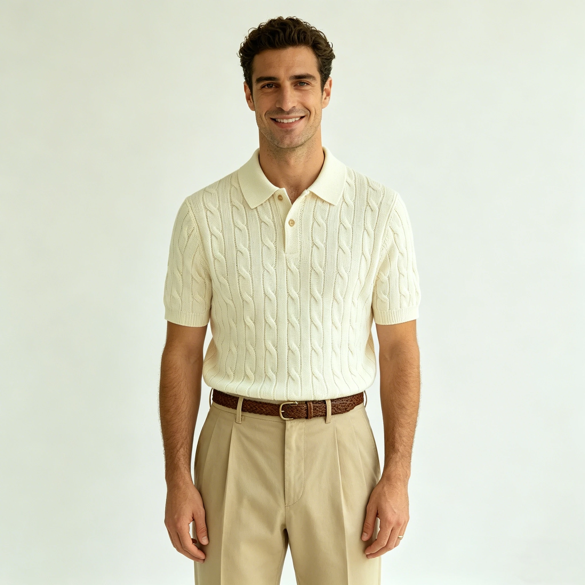Male Shirts Vintage Men's Cotton Thick Fried Dough Twists Stand Collar Knitwear Short Sleeve Top