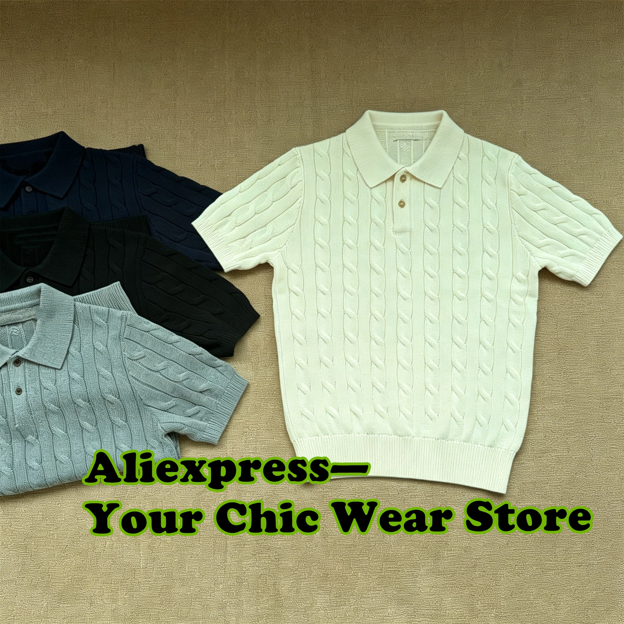 Male Shirts Vintage Men's Cotton Thick Fried Dough Twists Stand Collar Knitwear Short Sleeve Top
