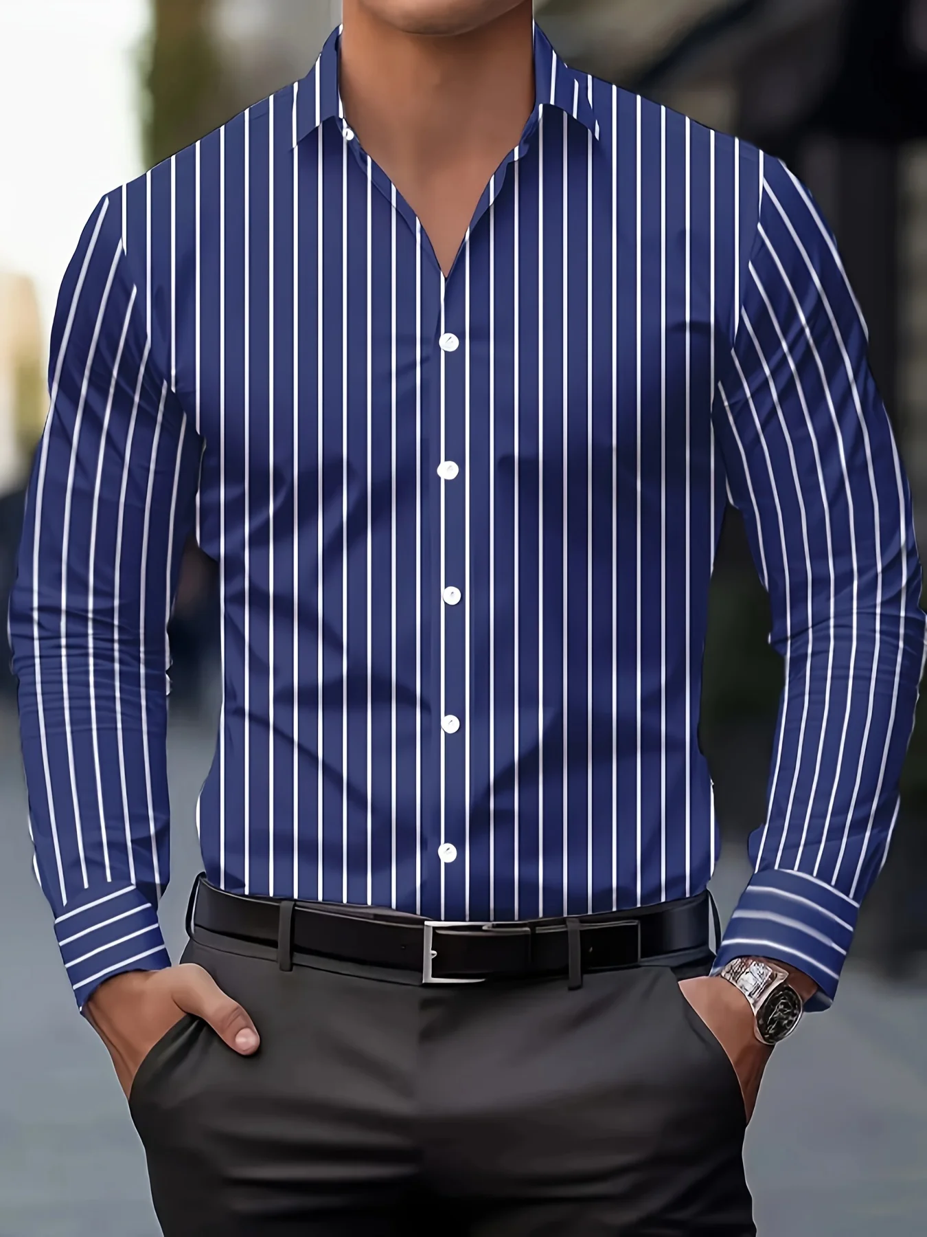 Men's Fashion Striped Print Shirts, Casual Breathable Lapel Button Long Sleeve Shirt For Spring Fall Men's Clothing Formal Shirt