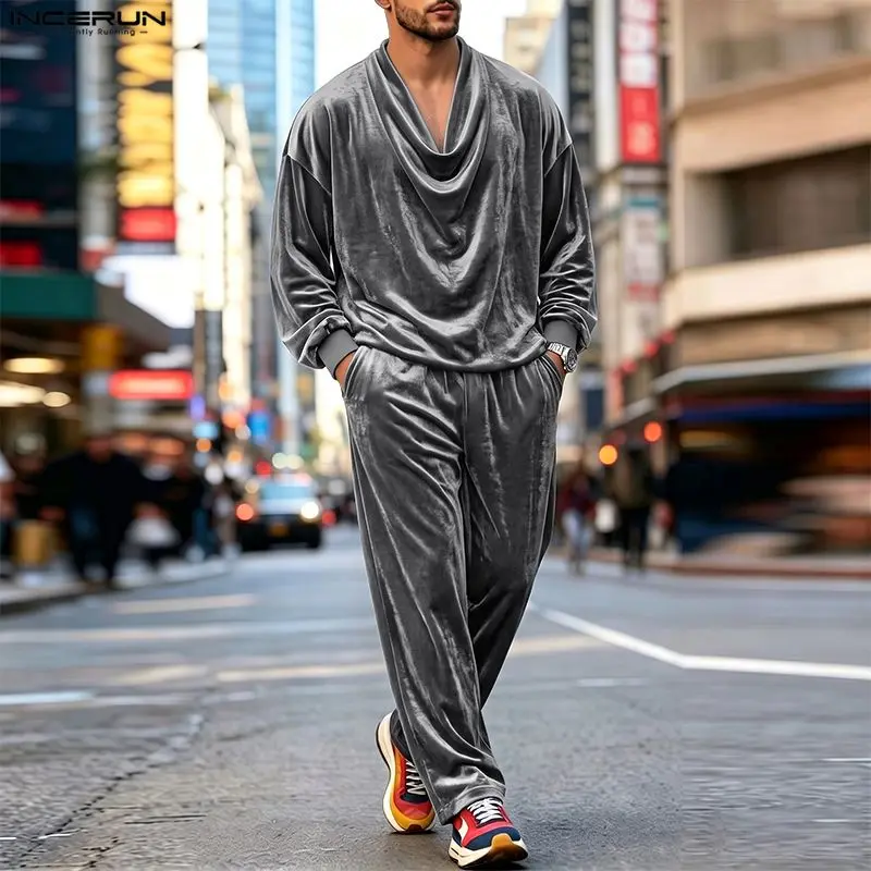 INCERUN Men Sets Solid Color Velour Pleated Long Sleeve T Shirt Pants Two Piece Sets Streetwear Loose Fashion Men Matching Sets