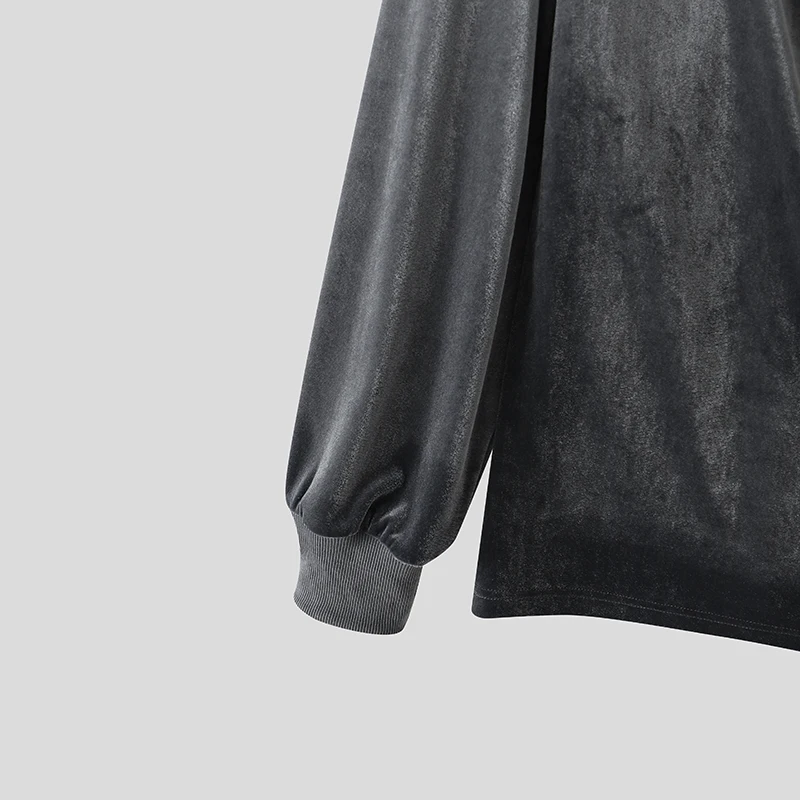 INCERUN Men Sets Solid Color Velour Pleated Long Sleeve T Shirt Pants Two Piece Sets Streetwear Loose Fashion Men Matching Sets