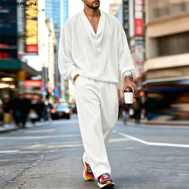 INCERUN Men Sets Solid Color Velour Pleated Long Sleeve T Shirt Pants Two Piece Sets Streetwear Loose Fashion Men Matching Sets