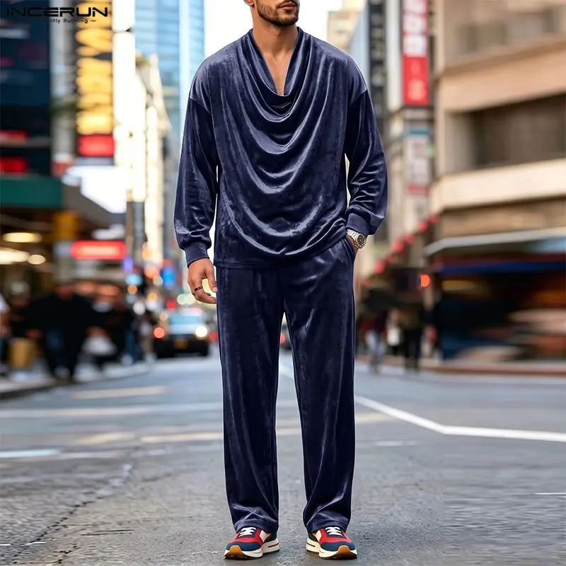INCERUN Men Sets Solid Color Velour Pleated Long Sleeve T Shirt Pants Two Piece Sets Streetwear Loose Fashion Men Matching Sets