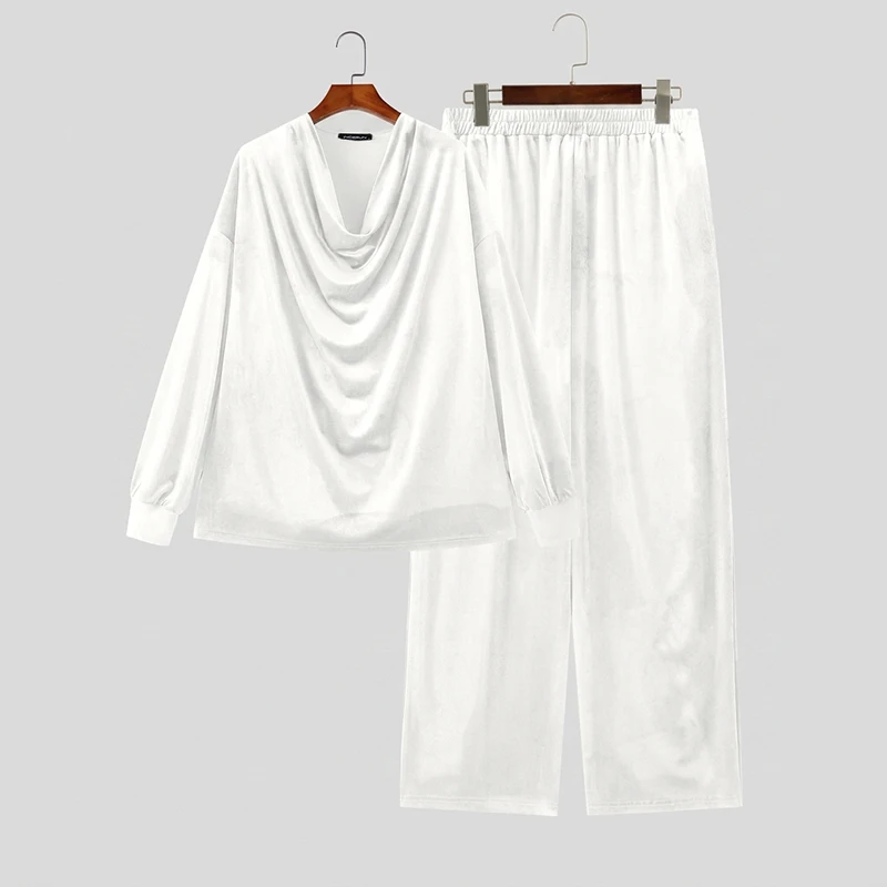 INCERUN Men Sets Solid Color Velour Pleated Long Sleeve T Shirt Pants Two Piece Sets Streetwear Loose Fashion Men Matching Sets