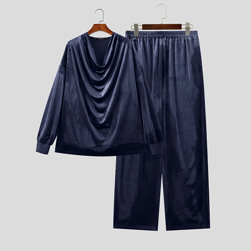 INCERUN Men Sets Solid Color Velour Pleated Long Sleeve T Shirt Pants Two Piece Sets Streetwear Loose Fashion Men Matching Sets