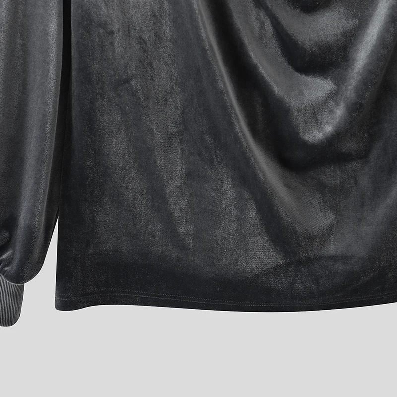 INCERUN Men Sets Solid Color Velour Pleated Long Sleeve T Shirt Pants Two Piece Sets Streetwear Loose Fashion Men Matching Sets