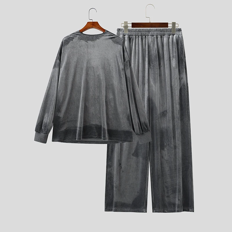 INCERUN Men Sets Solid Color Velour Pleated Long Sleeve T Shirt Pants Two Piece Sets Streetwear Loose Fashion Men Matching Sets