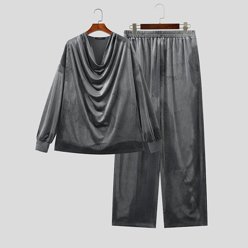 INCERUN Men Sets Solid Color Velour Pleated Long Sleeve T Shirt Pants Two Piece Sets Streetwear Loose Fashion Men Matching Sets
