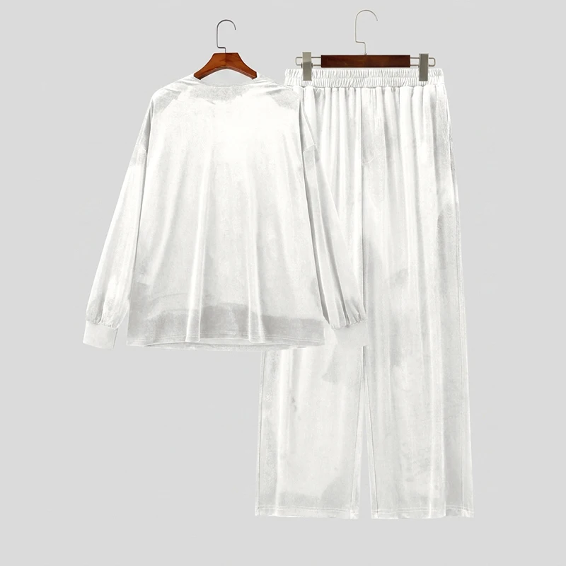 INCERUN Men Sets Solid Color Velour Pleated Long Sleeve T Shirt Pants Two Piece Sets Streetwear Loose Fashion Men Matching Sets