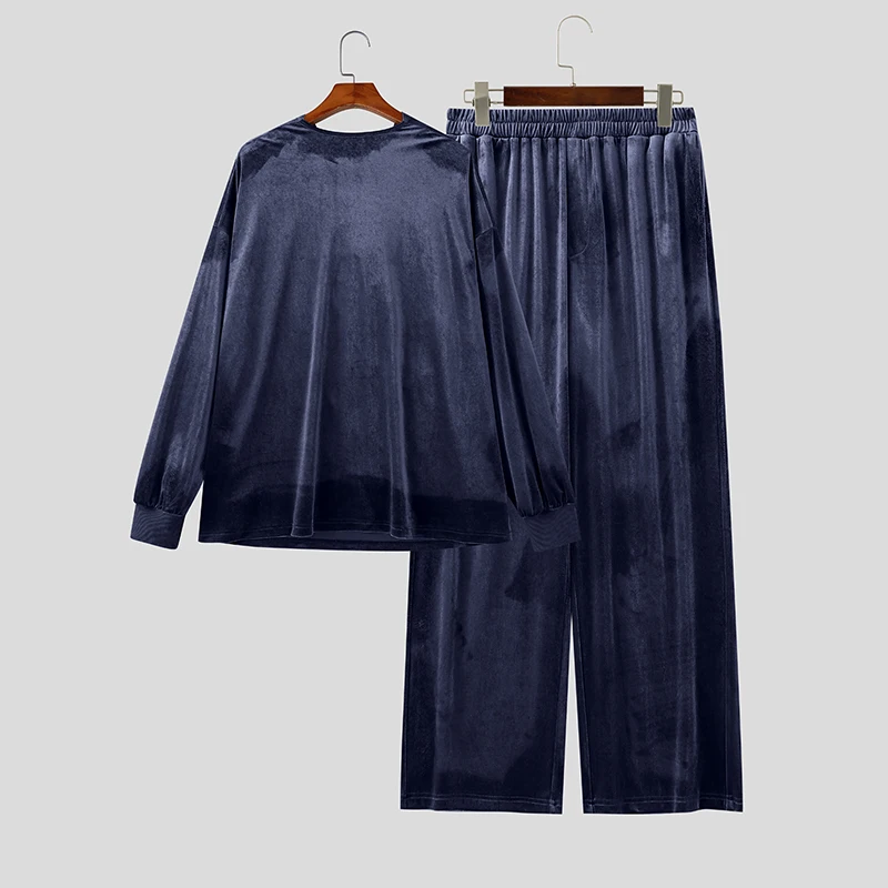 INCERUN Men Sets Solid Color Velour Pleated Long Sleeve T Shirt Pants Two Piece Sets Streetwear Loose Fashion Men Matching Sets