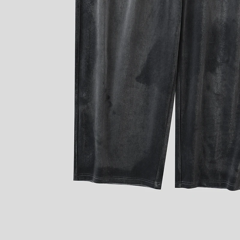 INCERUN Men Sets Solid Color Velour Pleated Long Sleeve T Shirt Pants Two Piece Sets Streetwear Loose Fashion Men Matching Sets
