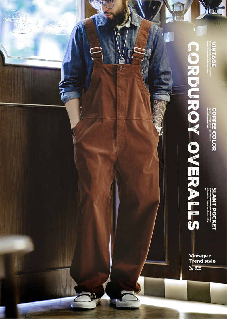 Maden Retro Corduroy Overalls Solid Color Loose with Pocket Adjustable Suspender Jumpsuit for Men's Spring and Autumn Trousers
