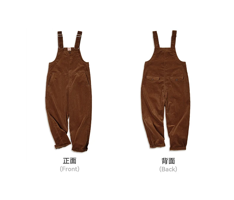 Maden Retro Corduroy Overalls Solid Color Loose with Pocket Adjustable Suspender Jumpsuit for Men's Spring and Autumn Trousers