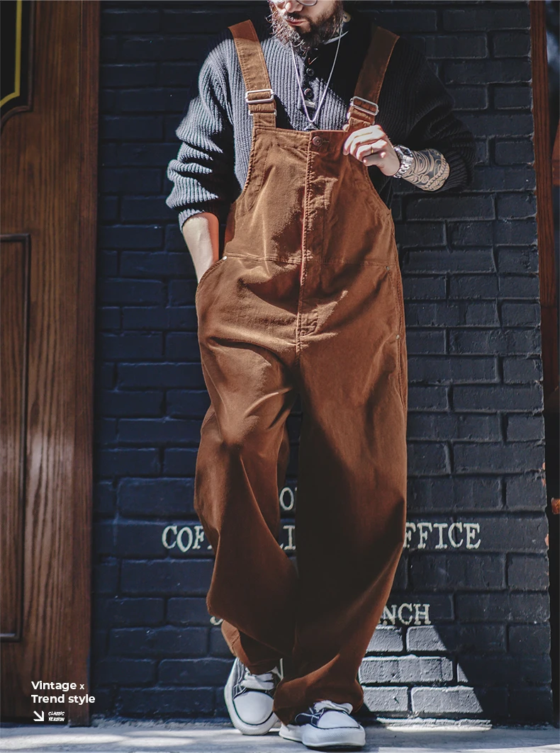 Maden Retro Corduroy Overalls Solid Color Loose with Pocket Adjustable Suspender Jumpsuit for Men's Spring and Autumn Trousers