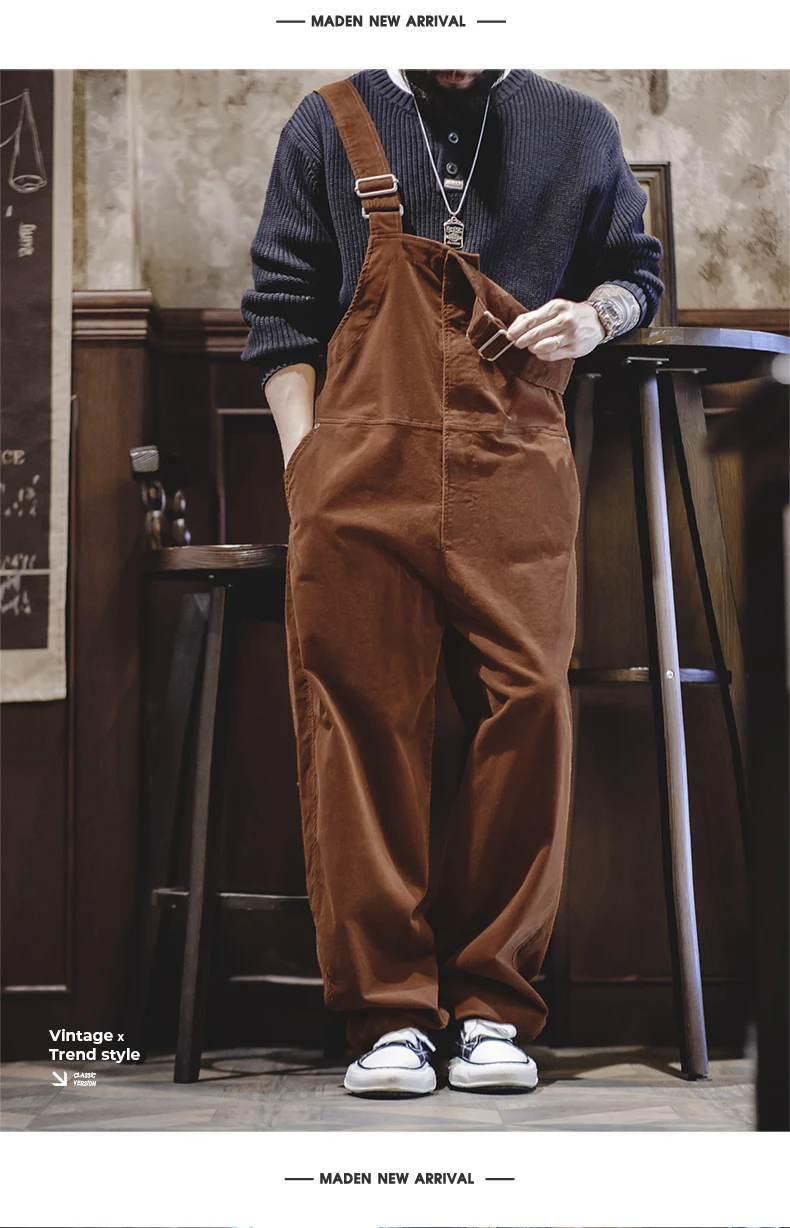 Maden Retro Corduroy Overalls Solid Color Loose with Pocket Adjustable Suspender Jumpsuit for Men's Spring and Autumn Trousers