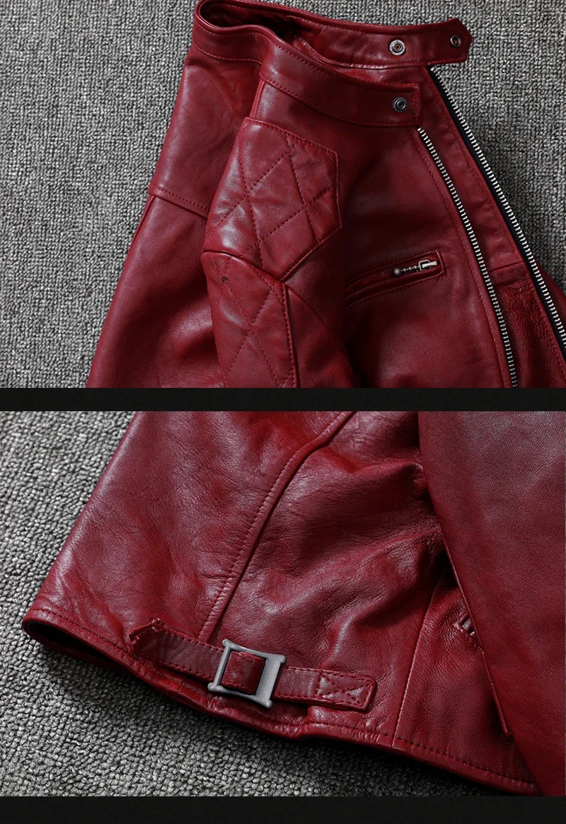 2025 Fashion Genuine Sheepskin Tanned Leather Jacket Men Vintage Motorcycle Wine Red Zipper Moto Biker Clothing Slimfit Coats