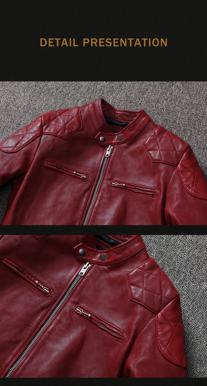 2025 Fashion Genuine Sheepskin Tanned Leather Jacket Men Vintage Motorcycle Wine Red Zipper Moto Biker Clothing Slimfit Coats