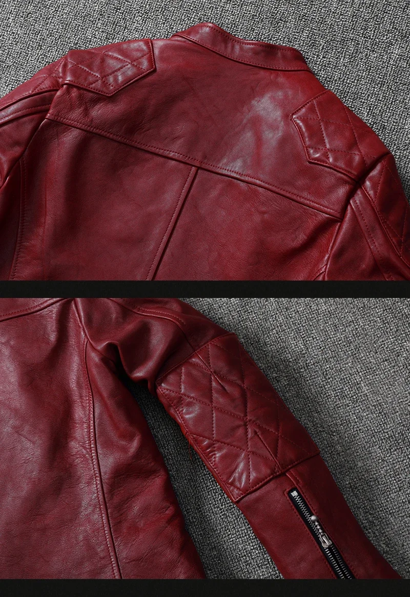 2025 Fashion Genuine Sheepskin Tanned Leather Jacket Men Vintage Motorcycle Wine Red Zipper Moto Biker Clothing Slimfit Coats