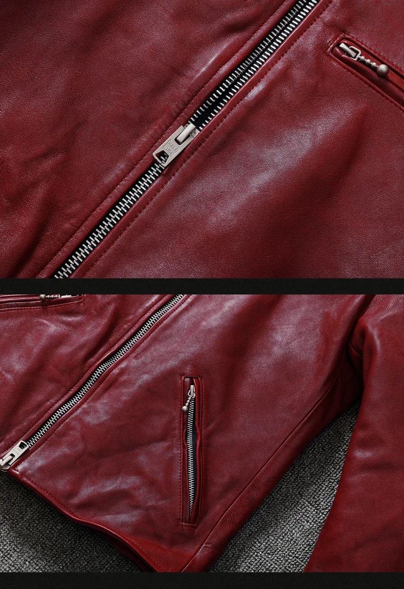 2025 Fashion Genuine Sheepskin Tanned Leather Jacket Men Vintage Motorcycle Wine Red Zipper Moto Biker Clothing Slimfit Coats