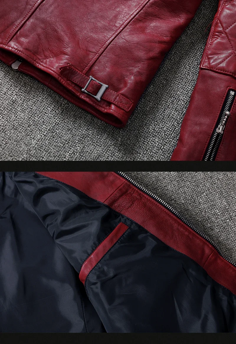 2025 Fashion Genuine Sheepskin Tanned Leather Jacket Men Vintage Motorcycle Wine Red Zipper Moto Biker Clothing Slimfit Coats
