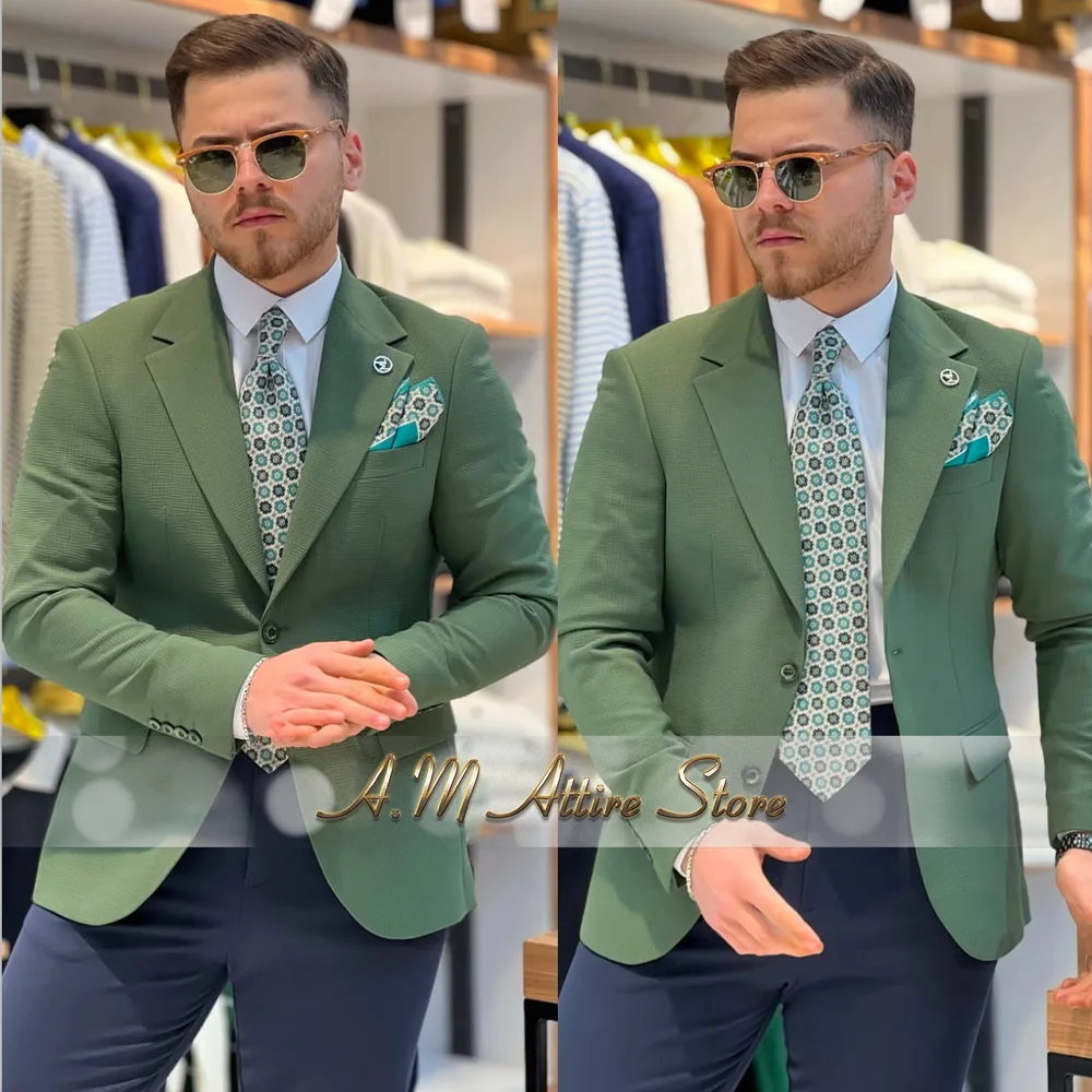 Men's 2 Piece Suit Set with Green Blazer and Navy Pants Slim Fit Formal Business Wedding Dating Prom Party Outfit Custom Tuxedo