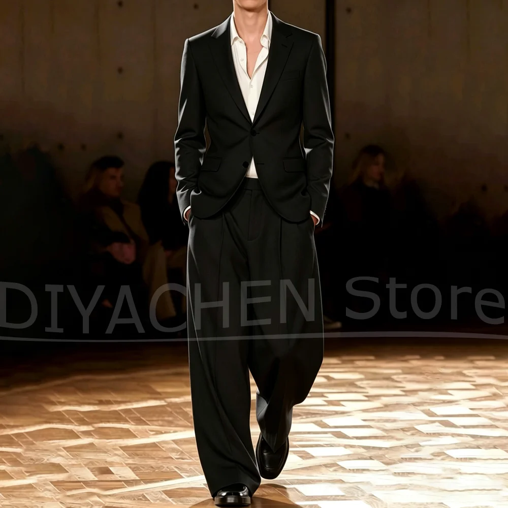 Chic Men Notch Lapel Suit Single Breasted Blazer And Wide Leg Trousers Custom Formal Business Wedding Party Daily Casual Tuxedo