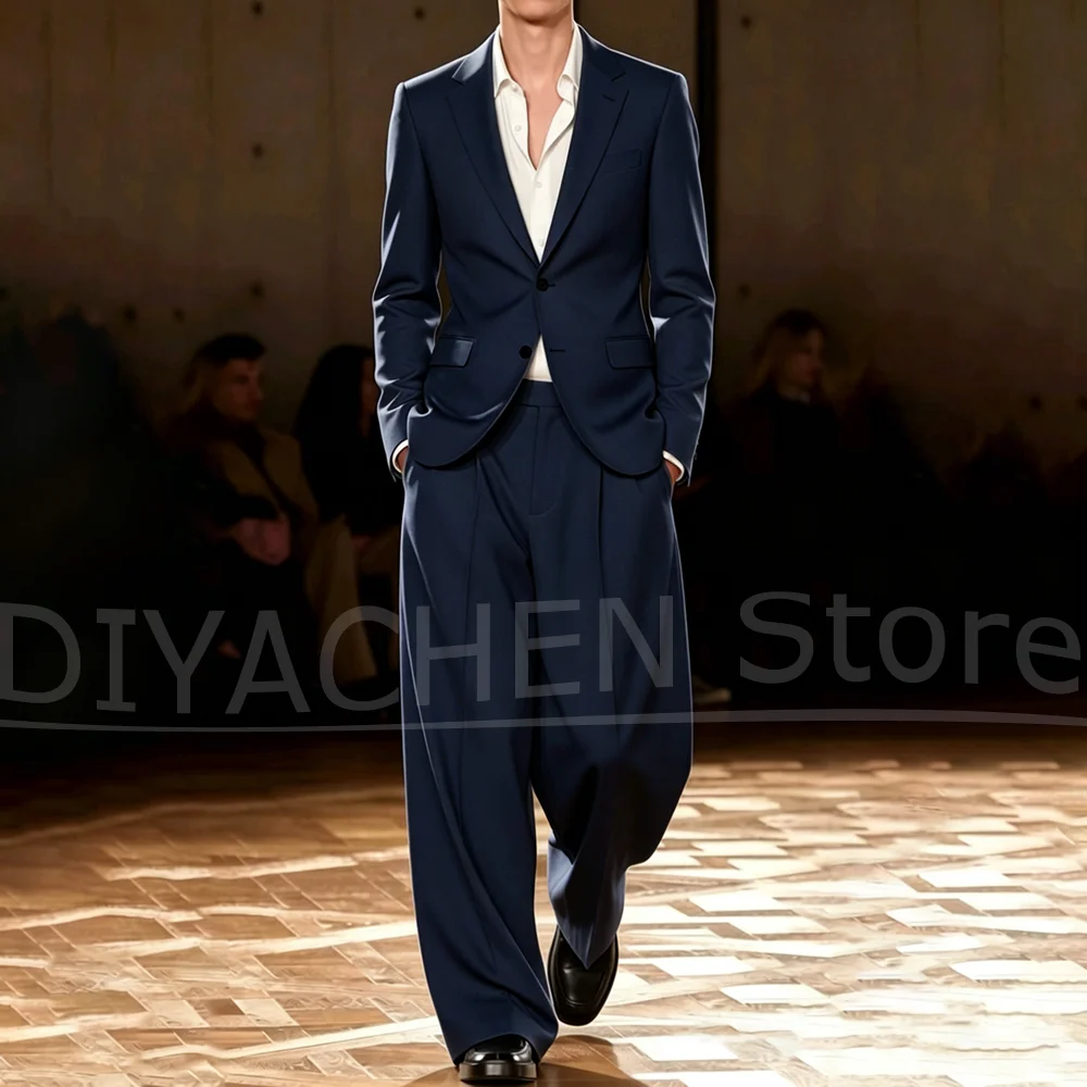 Chic Men Notch Lapel Suit Single Breasted Blazer And Wide Leg Trousers Custom Formal Business Wedding Party Daily Casual Tuxedo
