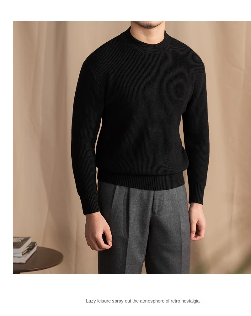 Lusanxian Birthday Leisure Micro-wide Thick Needle Crewneck Knitwear 30% Wool Pullover Long Sleeve Warm Sweater for Men