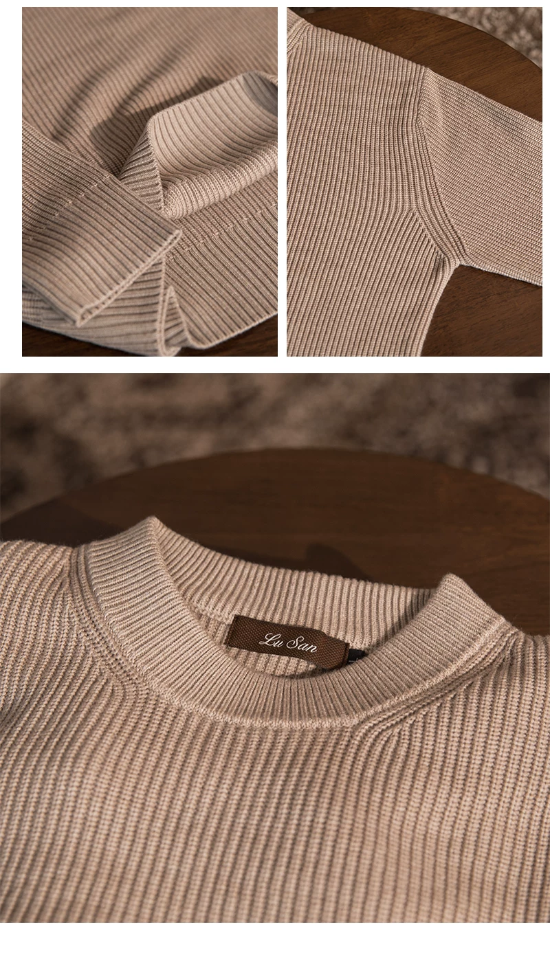 Lusanxian Birthday Leisure Micro-wide Thick Needle Crewneck Knitwear 30% Wool Pullover Long Sleeve Warm Sweater for Men