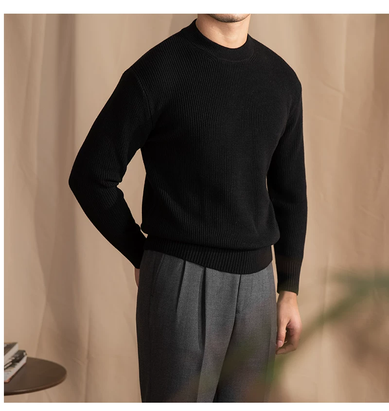 Lusanxian Birthday Leisure Micro-wide Thick Needle Crewneck Knitwear 30% Wool Pullover Long Sleeve Warm Sweater for Men