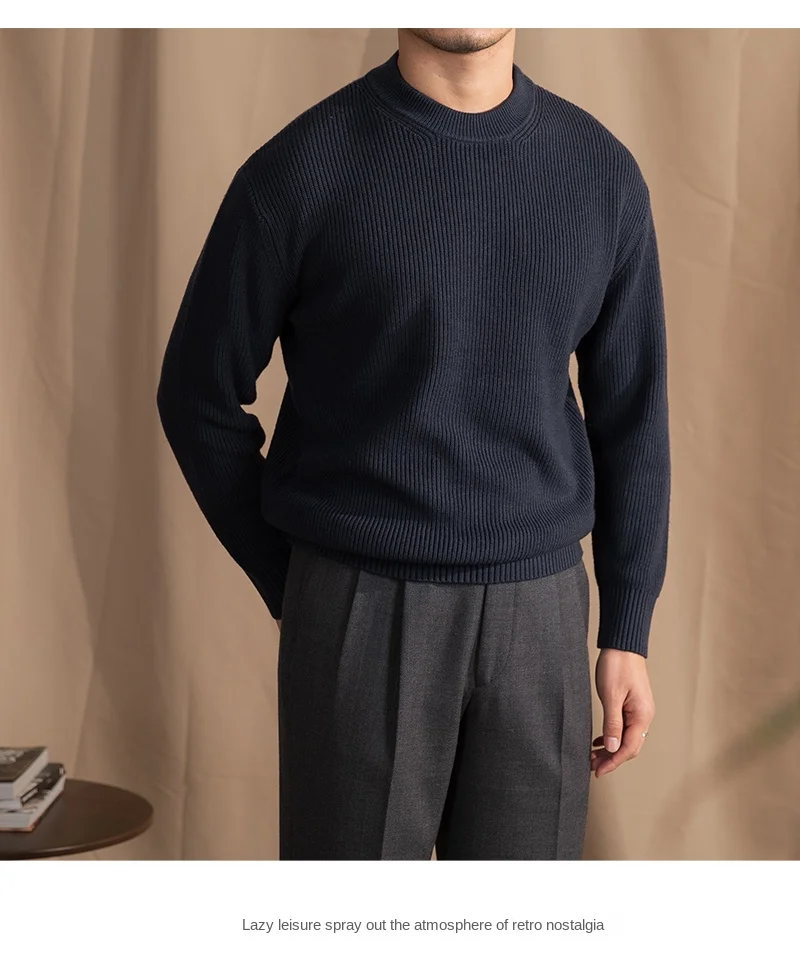 Lusanxian Birthday Leisure Micro-wide Thick Needle Crewneck Knitwear 30% Wool Pullover Long Sleeve Warm Sweater for Men