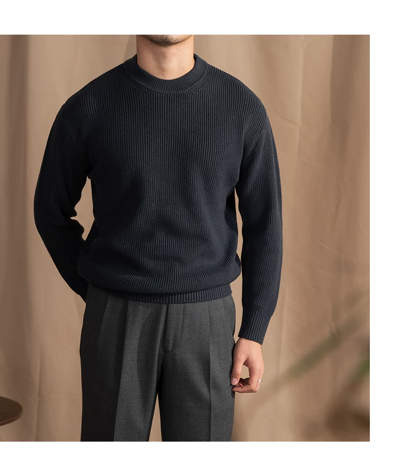 Lusanxian Birthday Leisure Micro-wide Thick Needle Crewneck Knitwear 30% Wool Pullover Long Sleeve Warm Sweater for Men