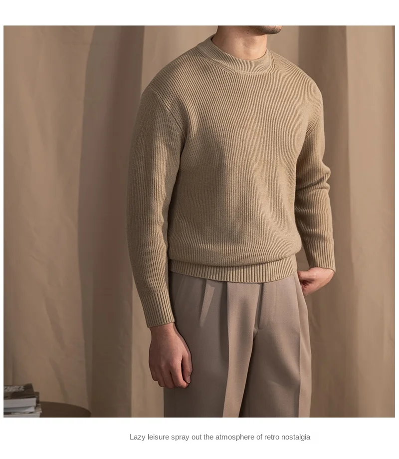 Lusanxian Birthday Leisure Micro-wide Thick Needle Crewneck Knitwear 30% Wool Pullover Long Sleeve Warm Sweater for Men