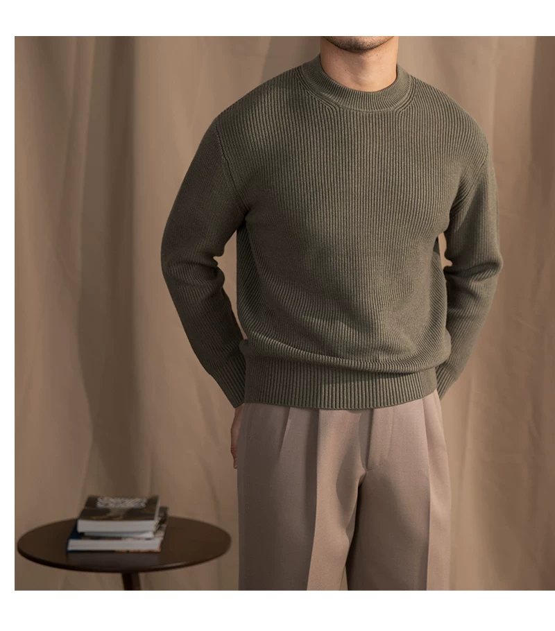 Lusanxian Birthday Leisure Micro-wide Thick Needle Crewneck Knitwear 30% Wool Pullover Long Sleeve Warm Sweater for Men